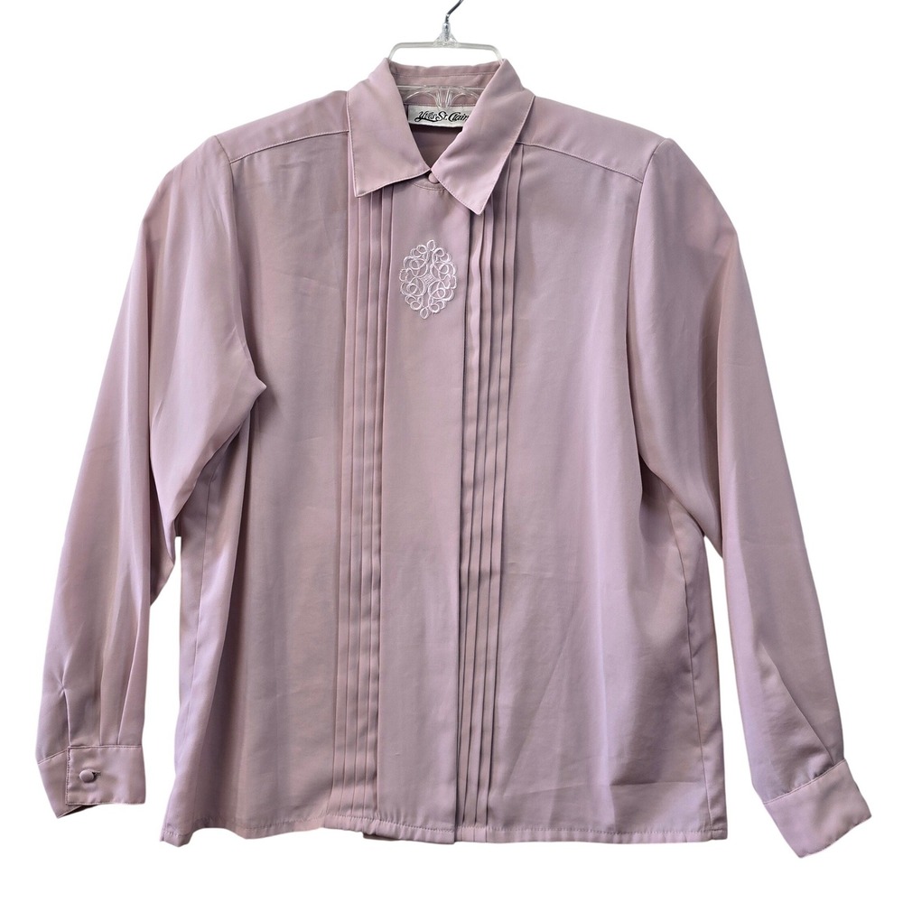 Yves St Clair Vintage Dusty Pink Mauve Pleated Front Blouse Embroidered Size 10‎